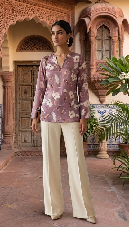 Mauve Meadow Digitally Printed Fusion Kurti